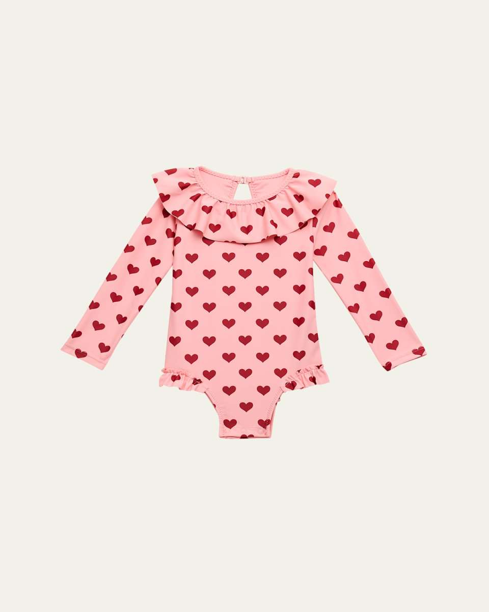 Girl's Manuca Heart Long-Sleeve One-Piece Swimsuit, Size 9M-6